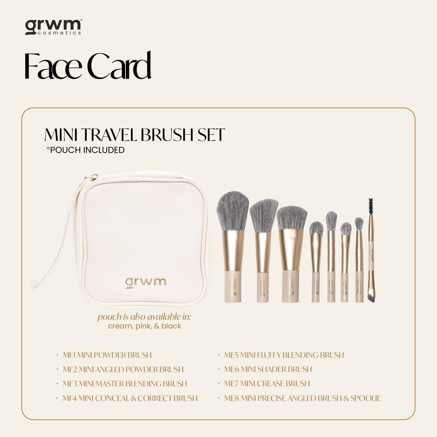 GRWM Cosmetics Face Card Mini Travel Brush Set with Pouch
