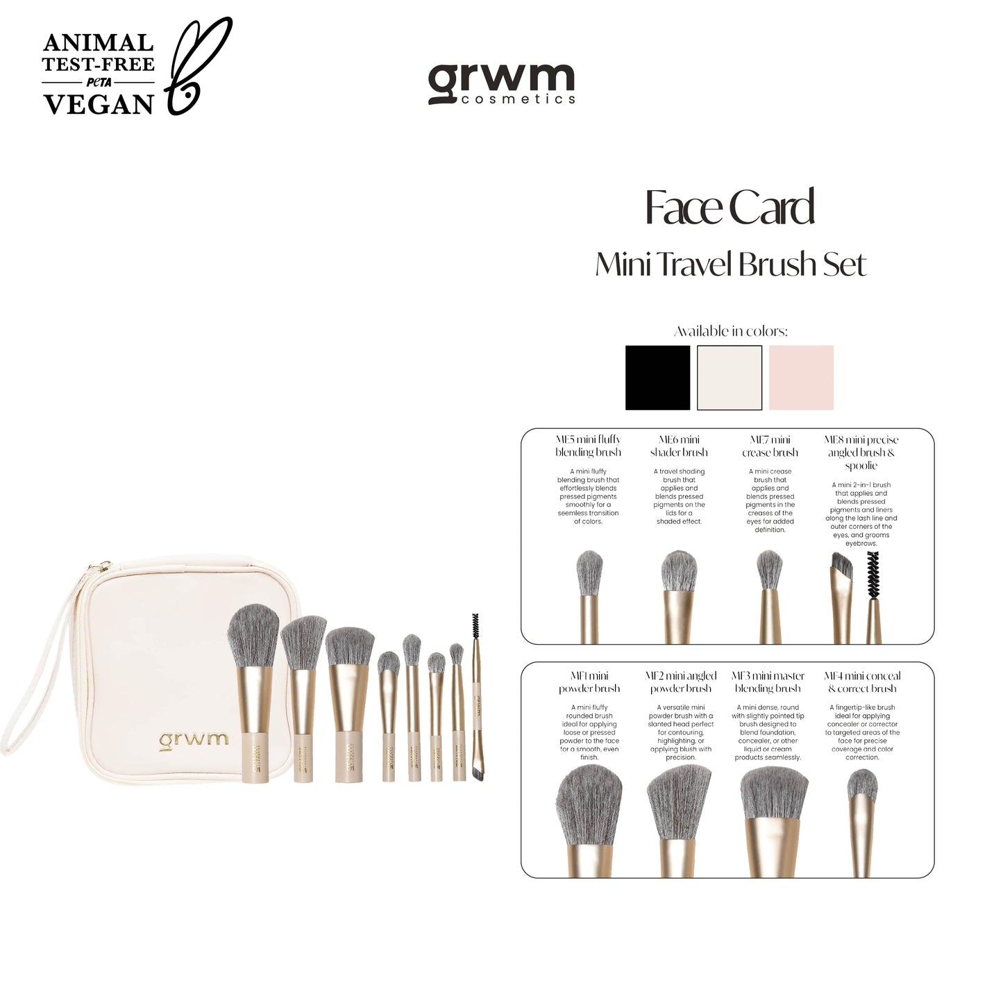 GRWM Cosmetics Face Card Mini Travel Brush Set with Pouch